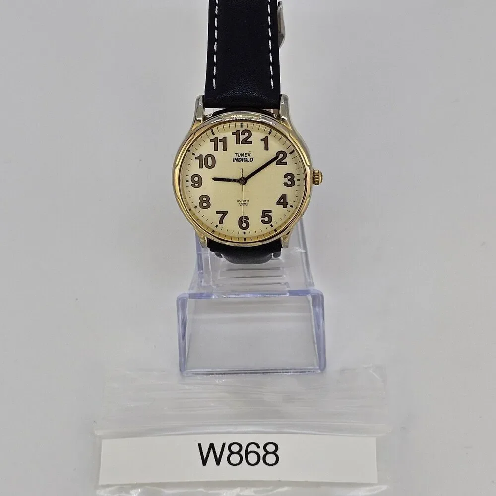 Timex‎ Men's Watch 35MM Gold Dial New Black White Leather Bands New Battery